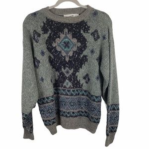 Vintage Directions USA Alpaca Blend Sweater Women Large Gray Blue Aztec Winter